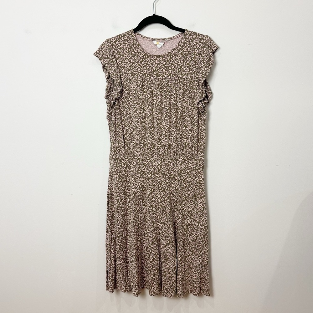 Boden Flutter Sleeve Dress Olive Green and Light Pink Floral Vine Pattern